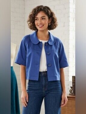 George Royal Blue Short Sleeve Cropped Blazer Jacket Cotton Peter Pan Collar Sml
